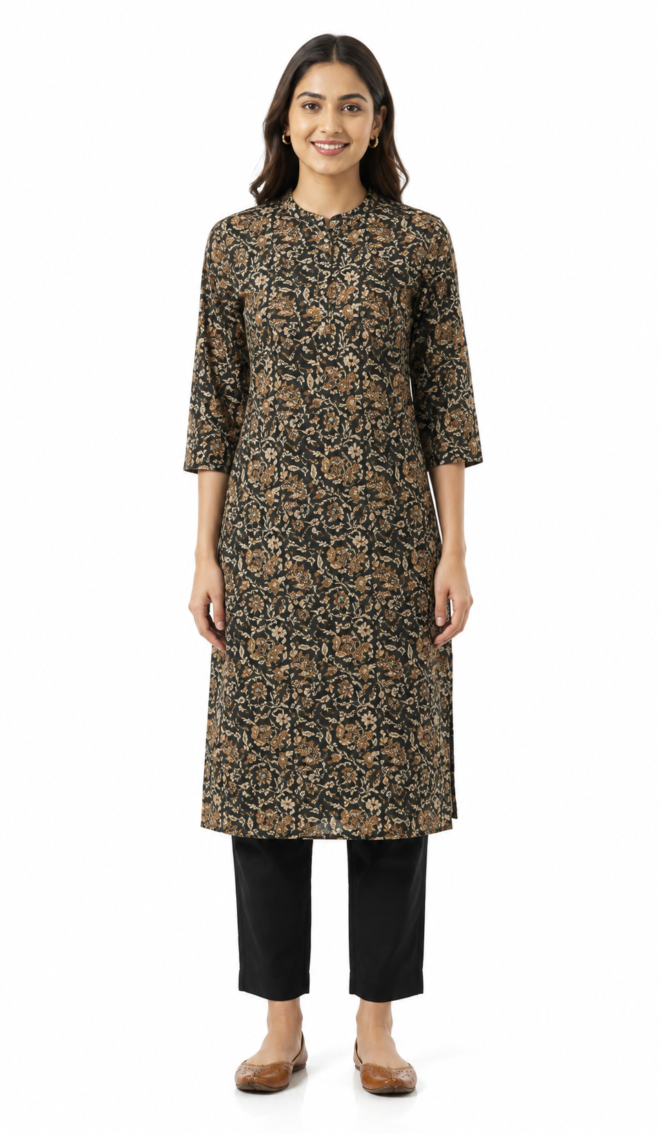Black & Brown Floral Printed Straight Kurti