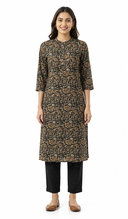 Black & Brown Floral Printed Straight Kurti