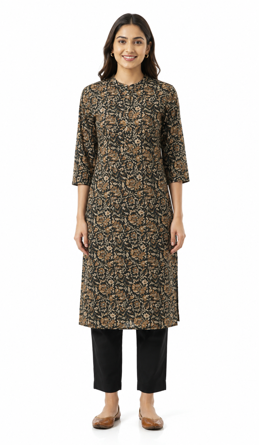 Black & Brown Floral Printed Straight Kurti