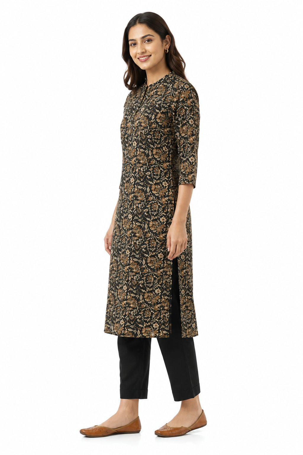 Black & Brown Floral Printed Straight Kurti