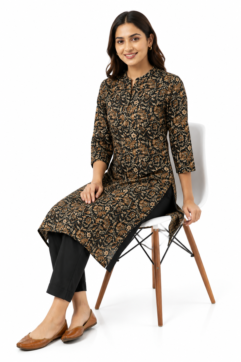 Black & Brown Floral Printed Straight Kurti