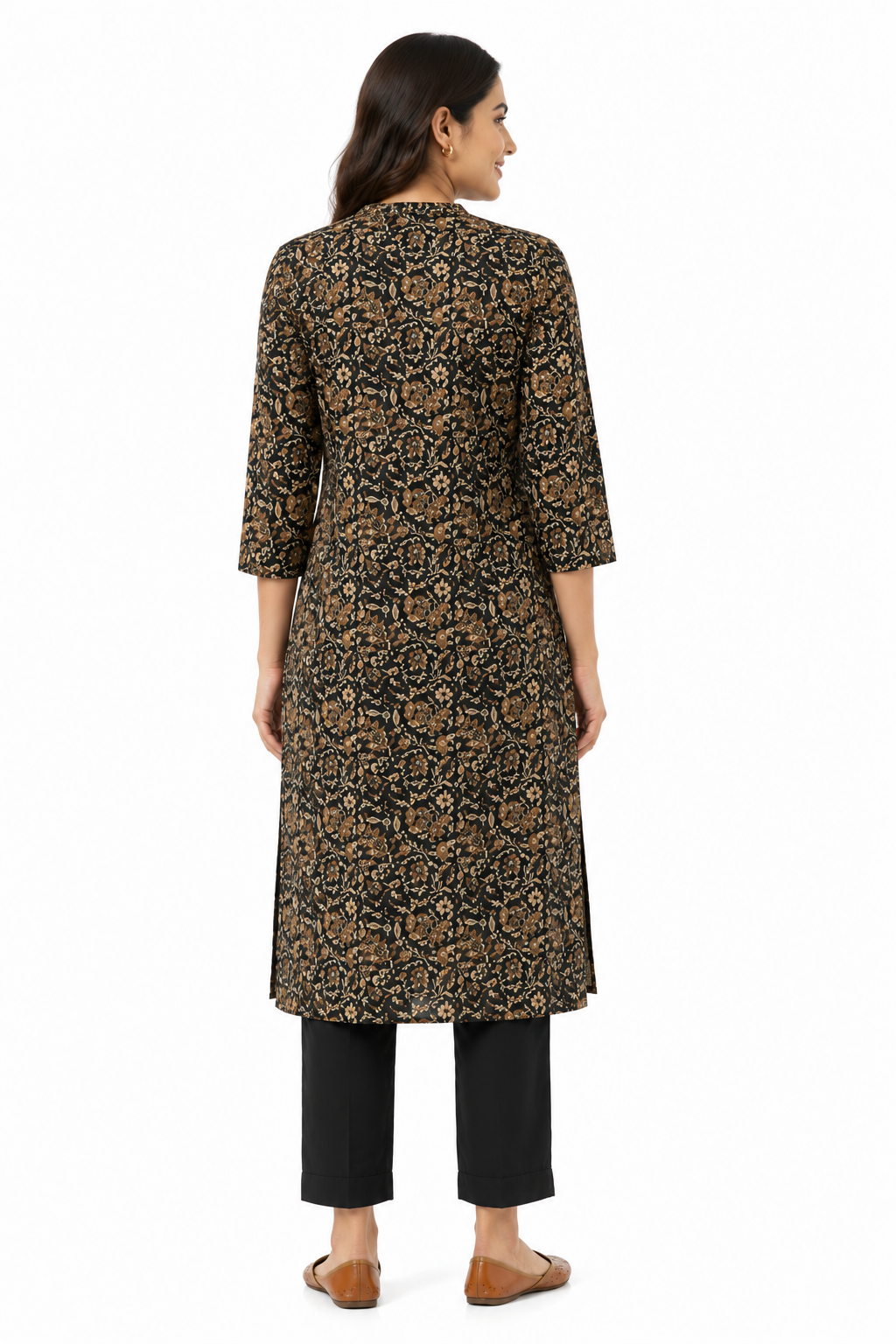Black & Brown Floral Printed Straight Kurti
