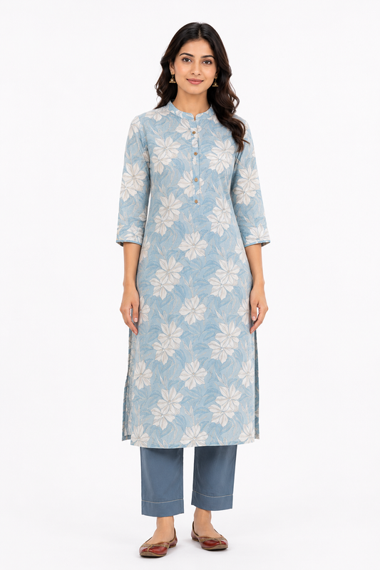 Light Blue Floral Printed Straight Kurti