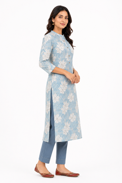 Light Blue Floral Printed Straight Kurti