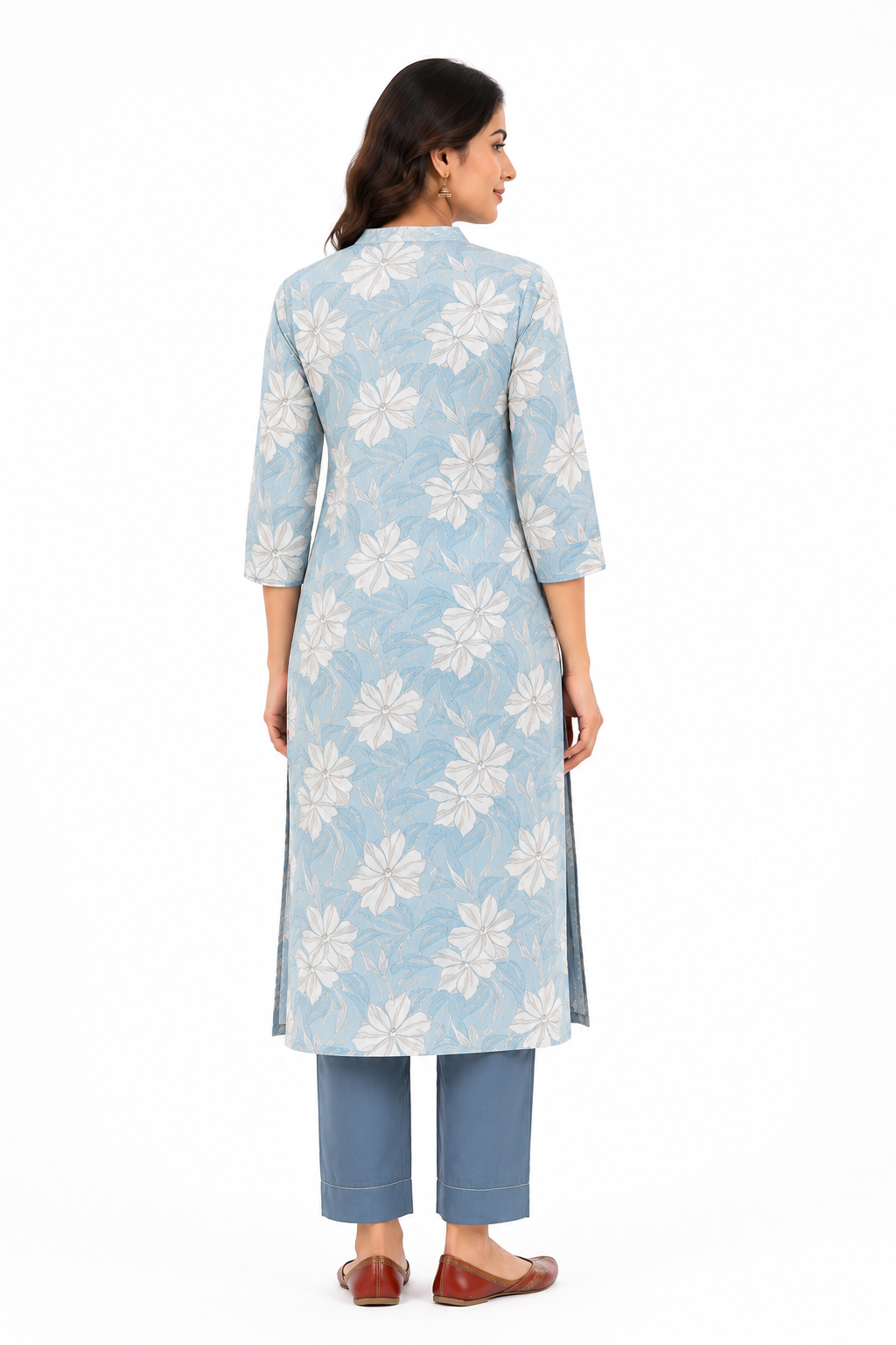 Light Blue Floral Printed Straight Kurti
