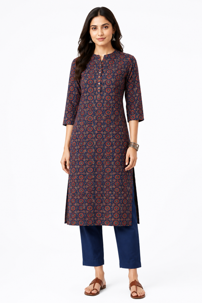 Navy Blue Printed Straight Kurta for Women