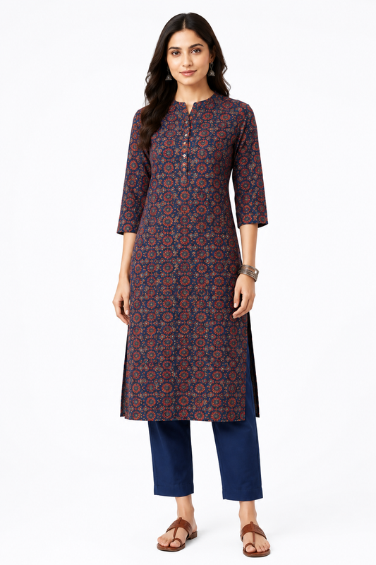 Navy Blue Printed Straight Kurta for Women