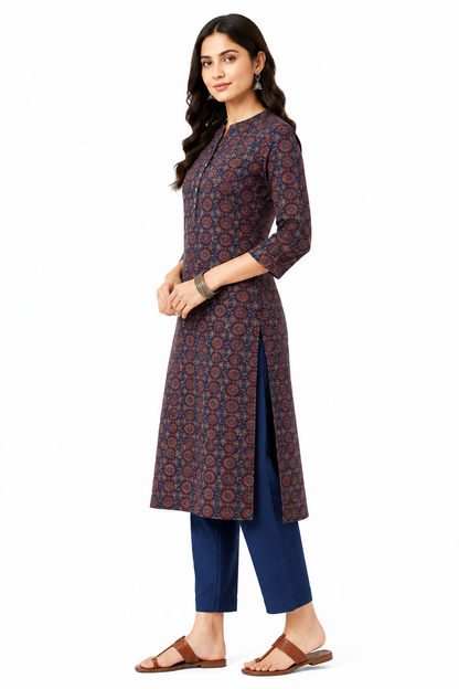Navy Blue Printed Straight Kurta for Women