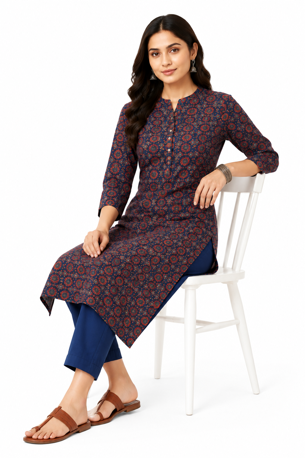 Navy Blue Printed Straight Kurta for Women