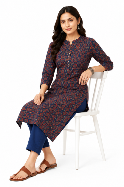 Navy Blue Printed Straight Kurta for Women