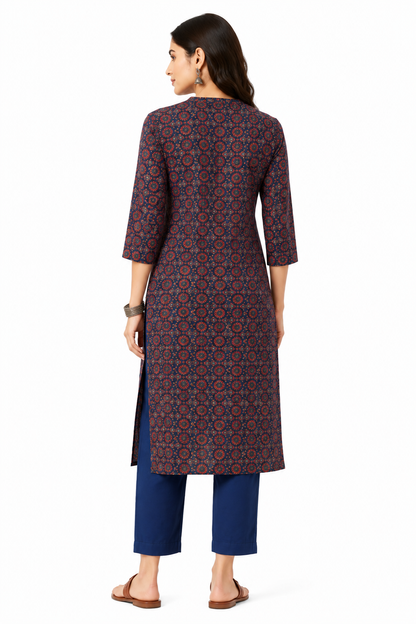 Navy Blue Printed Straight Kurta for Women