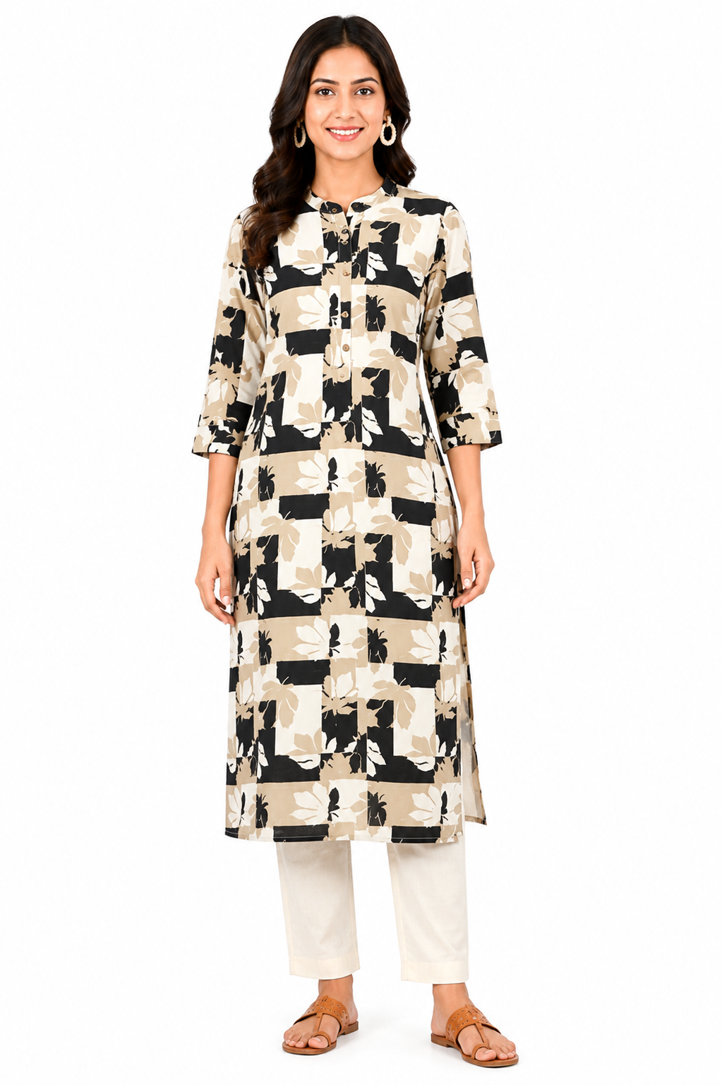 Black & Beige Abstract Printed Straight Kurti