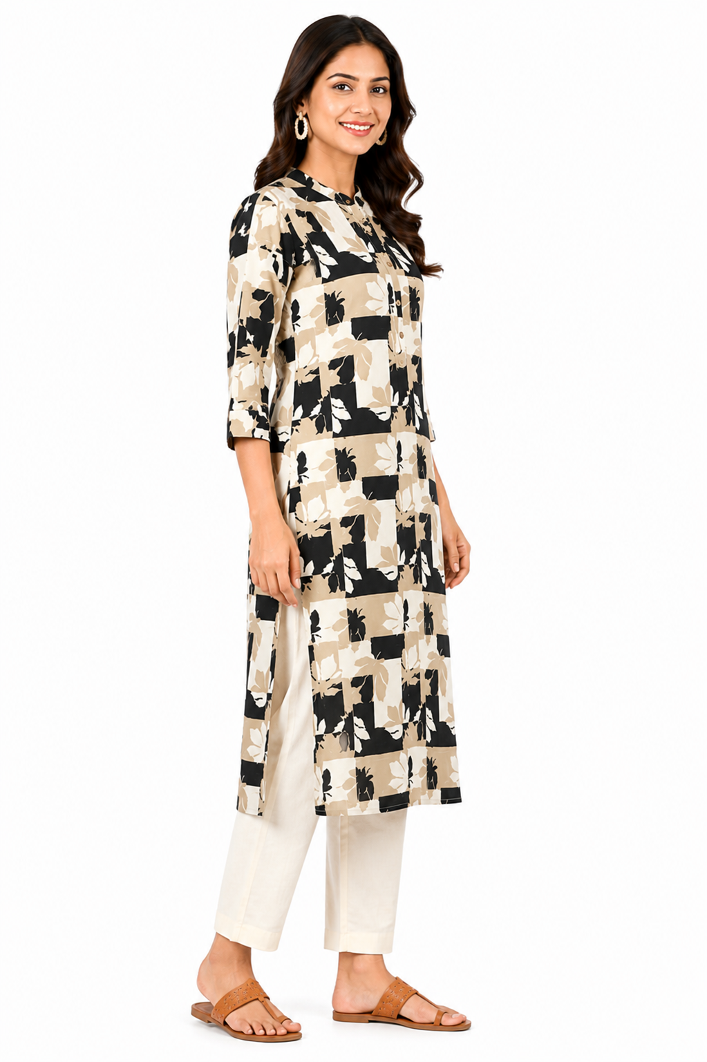 Black & Beige Abstract Printed Straight Kurti