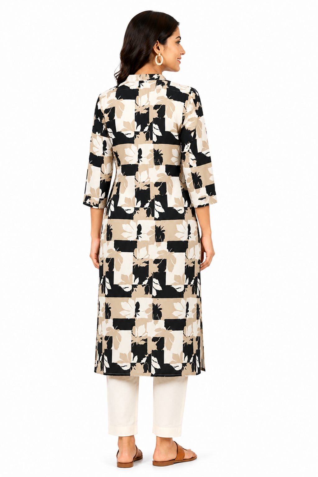 Black & Beige Abstract Printed Straight Kurti