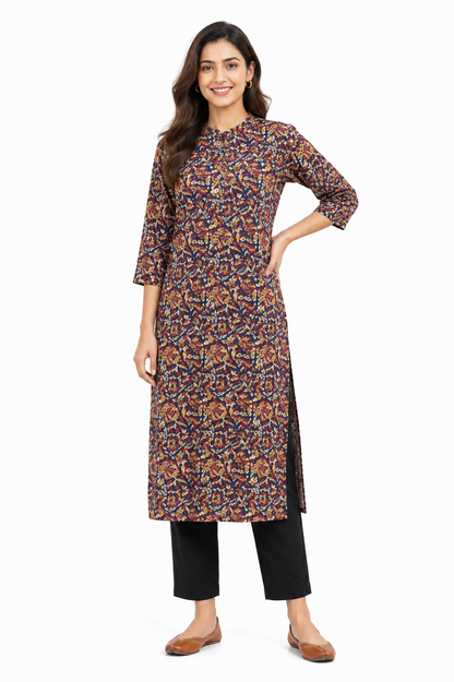 Navy Blue Multicolor Printed Straight Kurti for Women