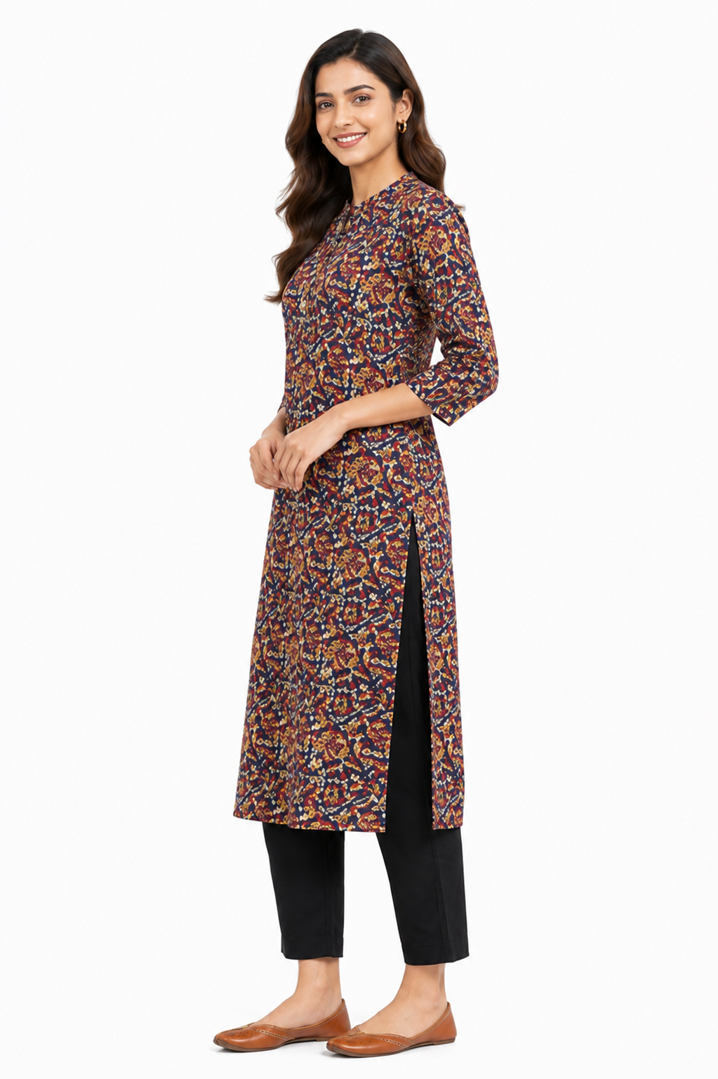 Navy Blue Multicolor Printed Straight Kurti for Women