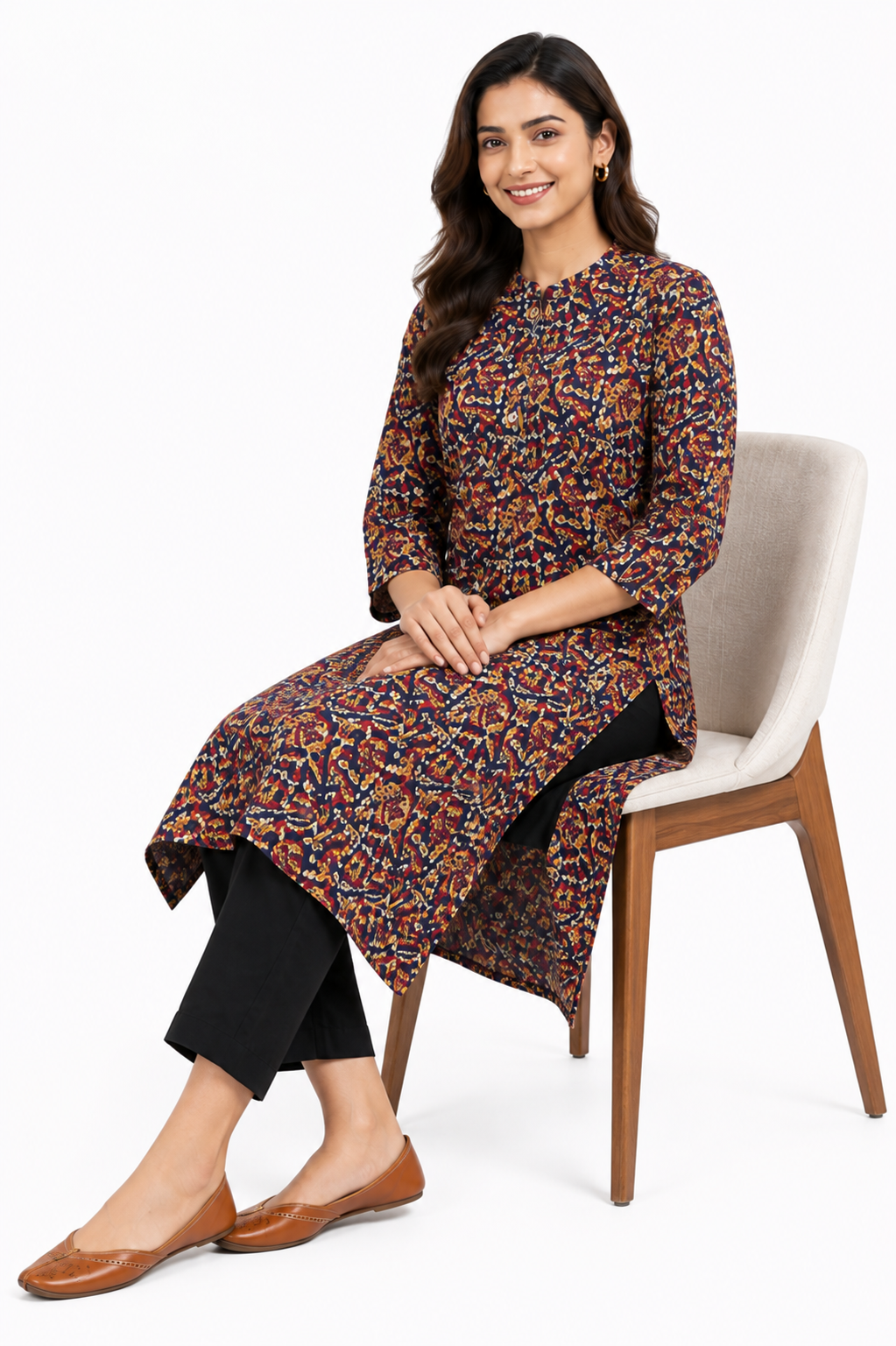 Navy Blue Multicolor Printed Straight Kurti for Women