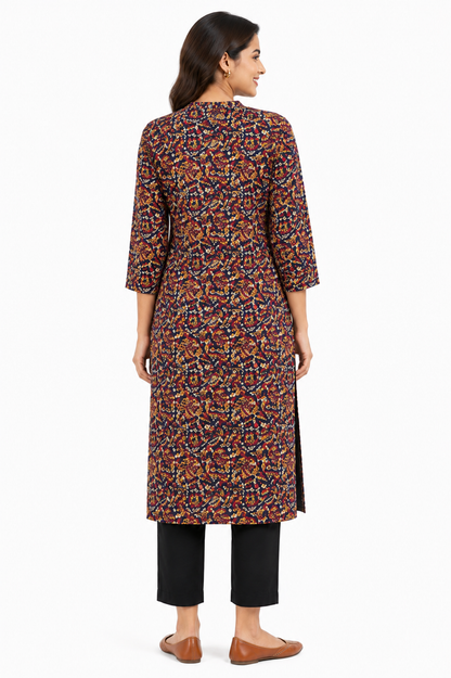 Navy Blue Multicolor Printed Straight Kurti for Women