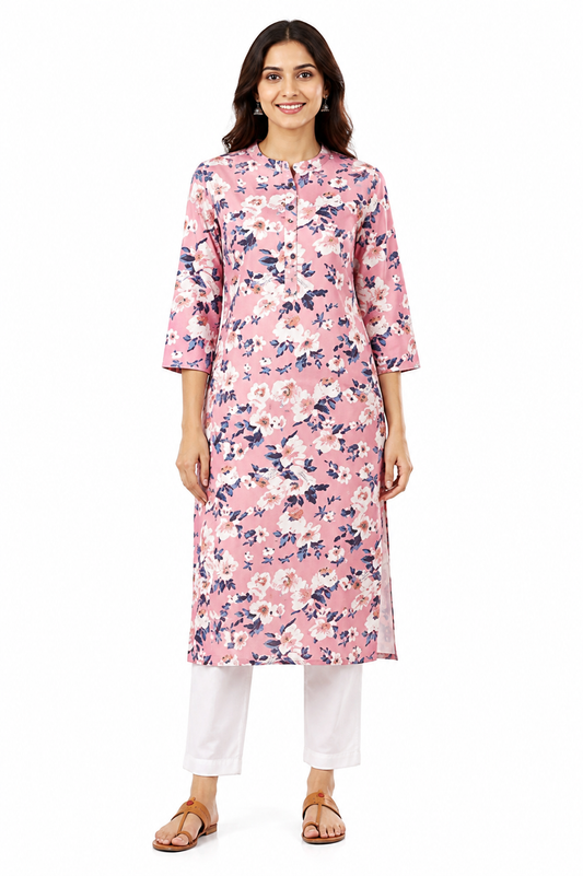 Pink Floral Printed Straight Kurti