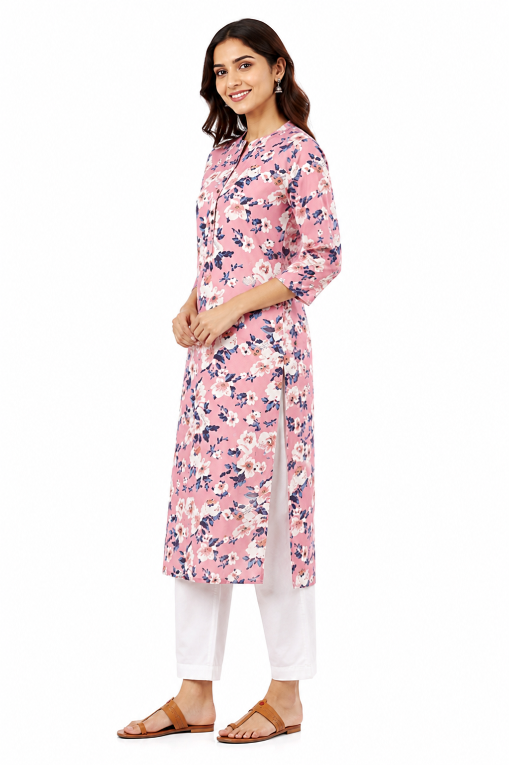 Pink Floral Printed Straight Kurti