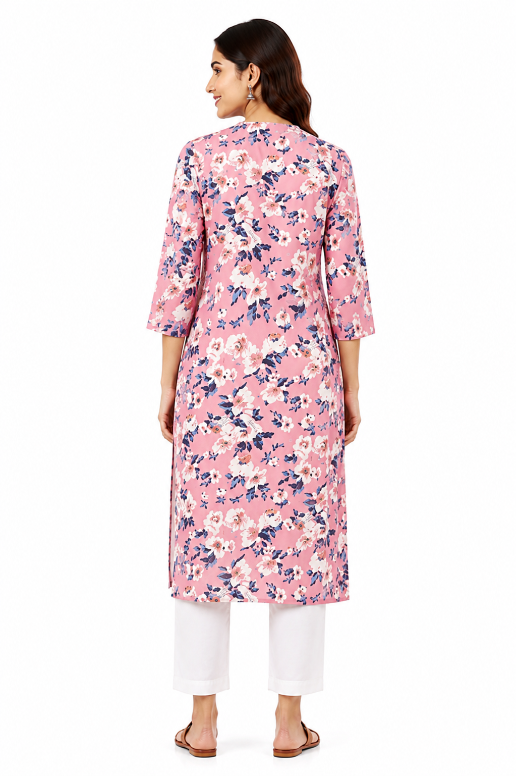 Pink Floral Printed Straight Kurti
