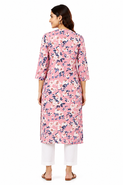 Pink Floral Printed Straight Kurti