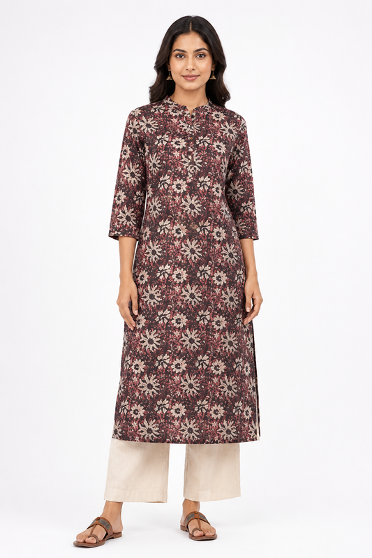 Maroon Floral Printed Straight Kurti