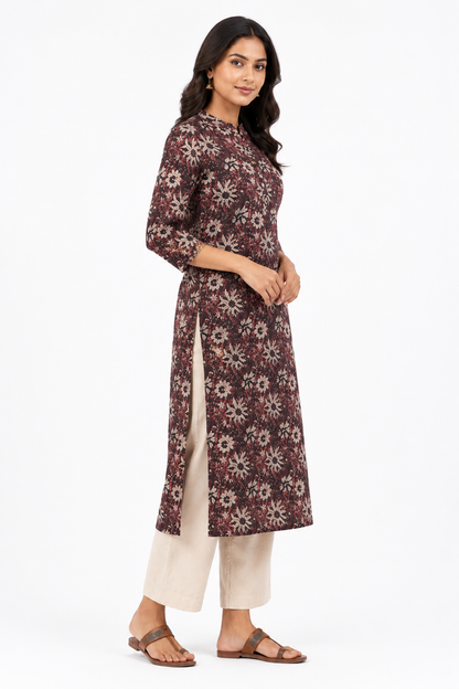 Maroon Floral Printed Straight Kurti