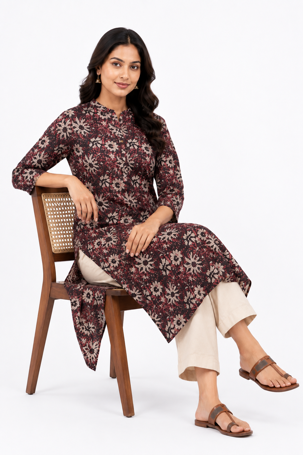Maroon Floral Printed Straight Kurti