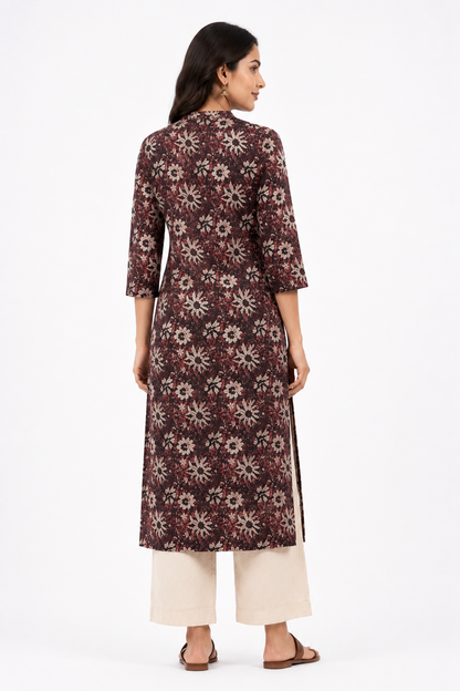 Maroon Floral Printed Straight Kurti