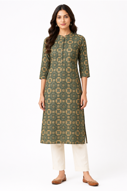 Olive Green Printed Straight Kurta for Women