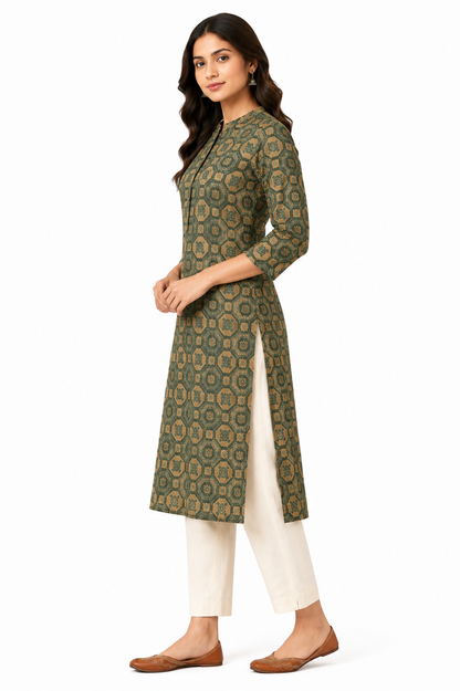Olive Green Printed Straight Kurta for Women