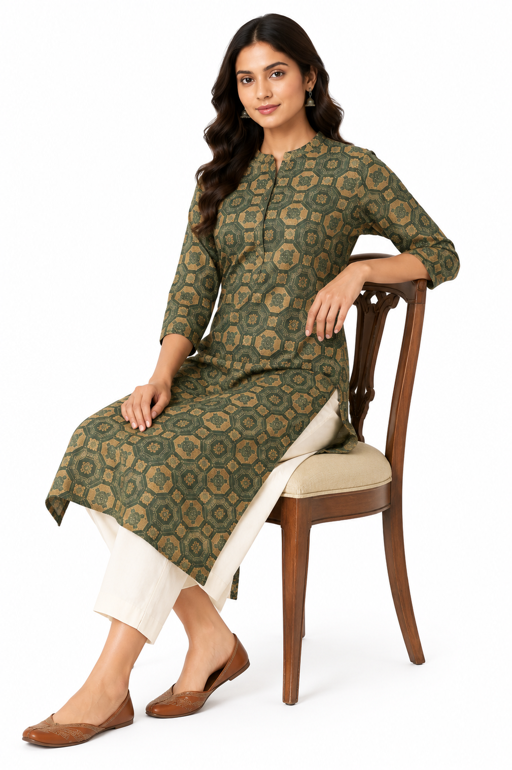 Olive Green Printed Straight Kurta for Women
