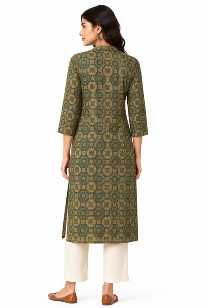 Olive Green Printed Straight Kurta for Women