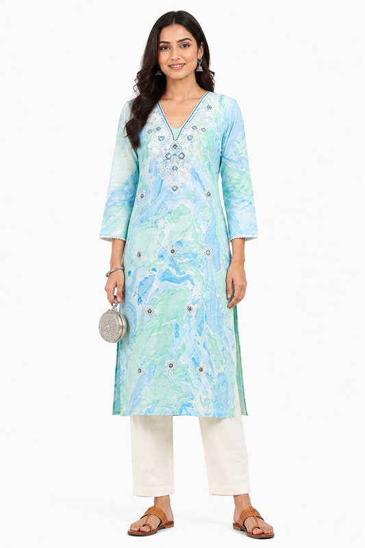 Women’s Cotton Printed Embroidered Straight Kurti