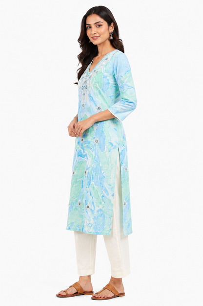 Women’s Cotton Printed Embroidered Straight Kurti