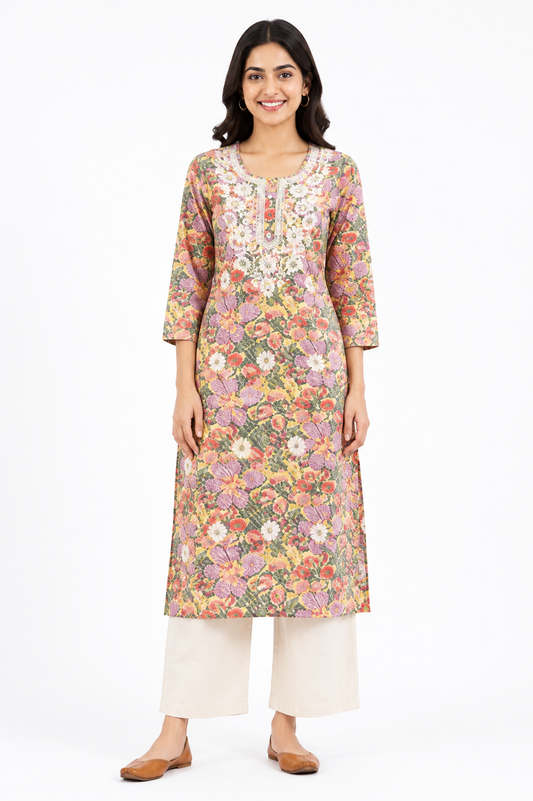 Cotton Printed Embroidered Kurti for Women