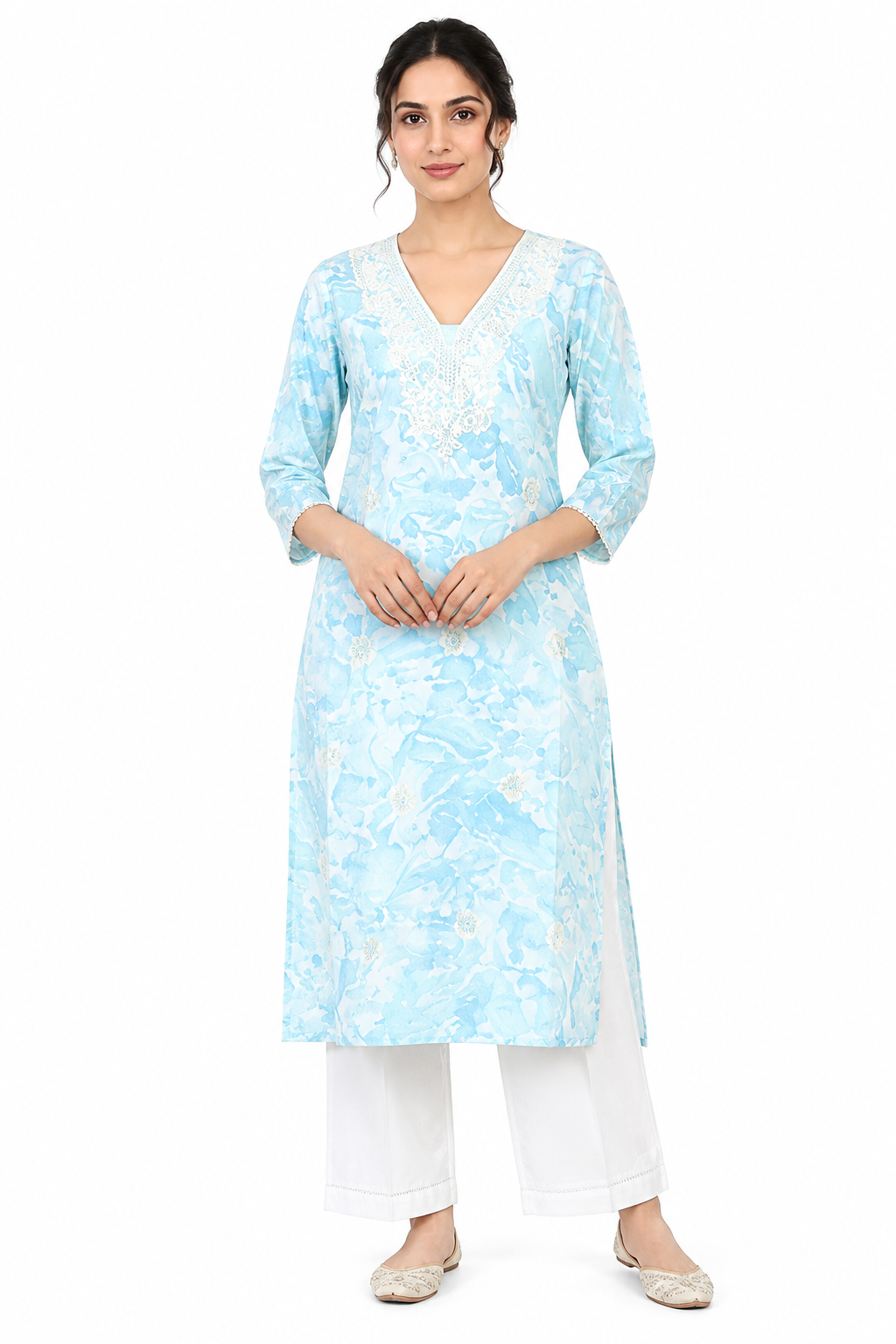 Pastel Blue Cotton Printed Embroidered Kurti