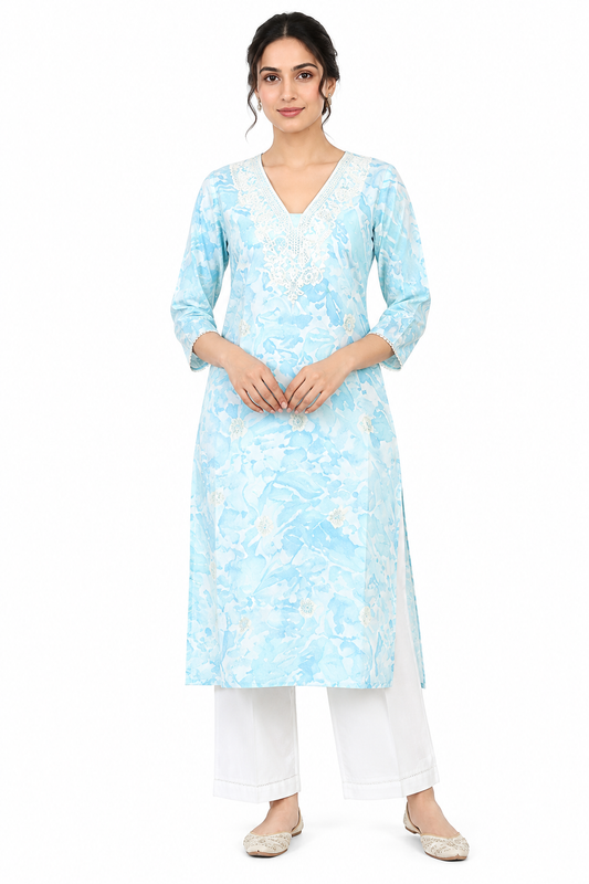 Pastel Blue Cotton Printed Embroidered Kurti