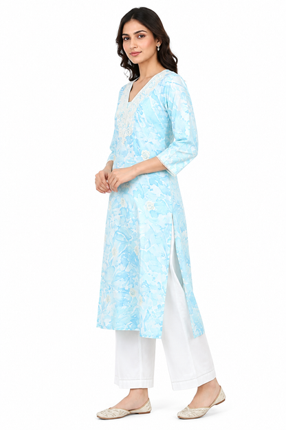 Pastel Blue Cotton Printed Embroidered Kurti