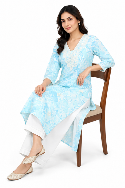 Pastel Blue Cotton Printed Embroidered Kurti