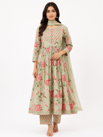 Women's Sage Green Floral Printed Anarkali Kurta Pant Dupatta Set