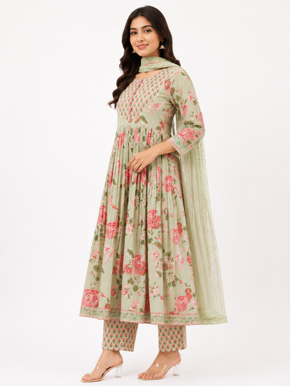 Women's Sage Green Floral Printed Anarkali Kurta Pant Dupatta Set