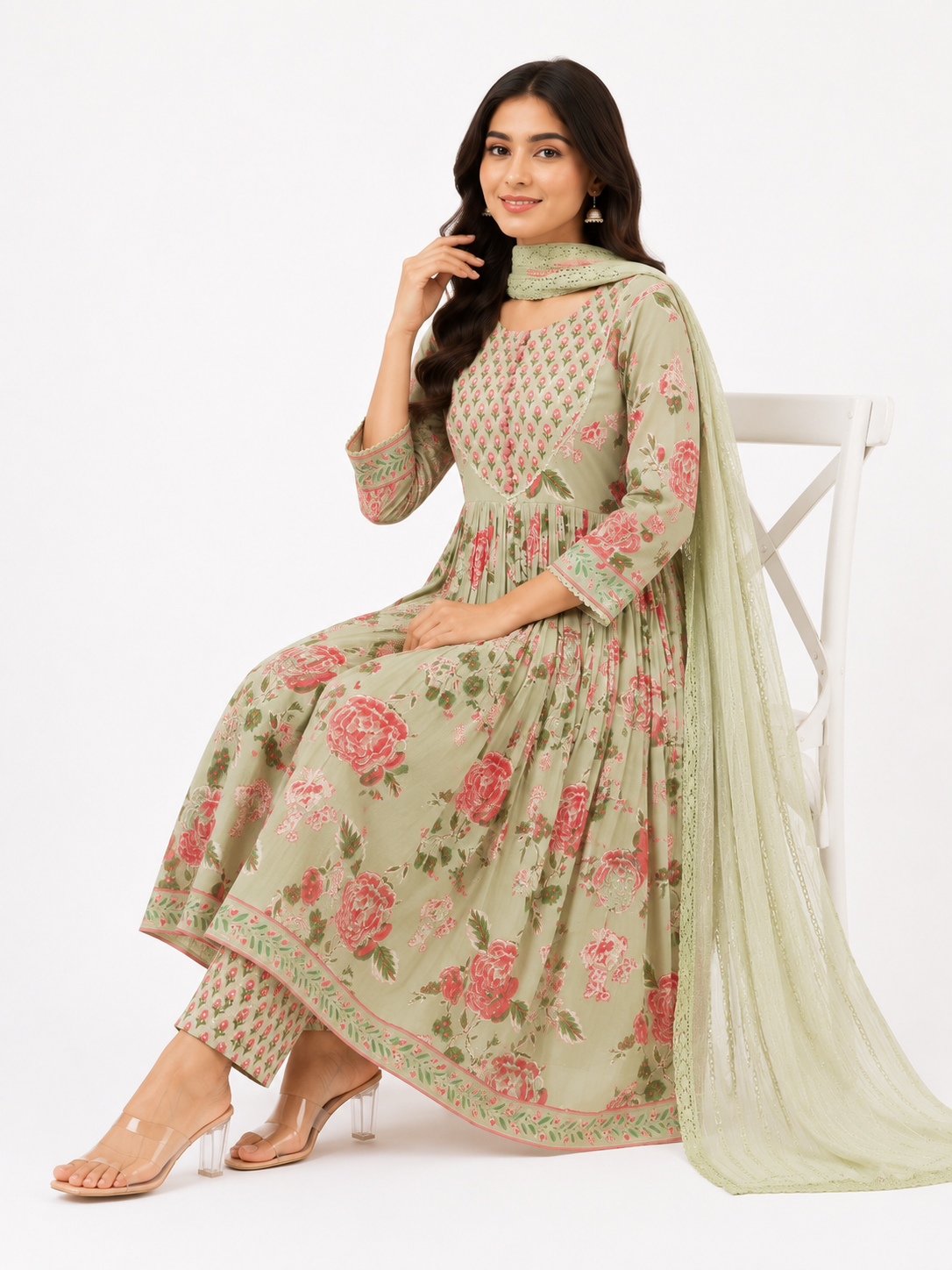 Women's Sage Green Floral Printed Anarkali Kurta Pant Dupatta Set
