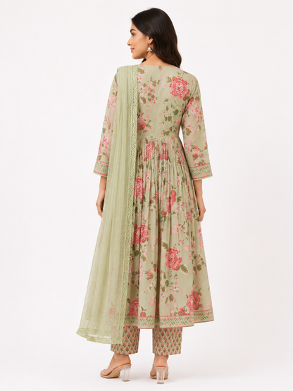 Women's Sage Green Floral Printed Anarkali Kurta Pant Dupatta Set