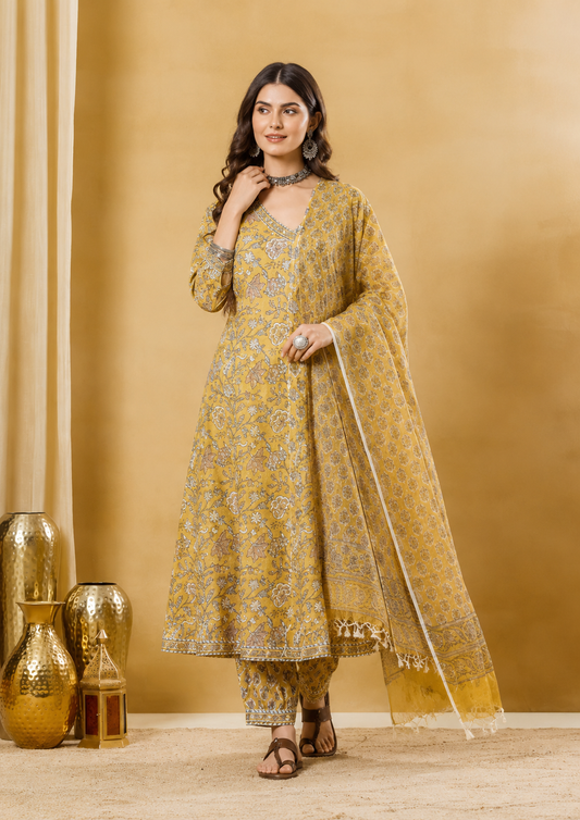 Mustard Blossom Hand Block Print Pure Cotton Kurta Set