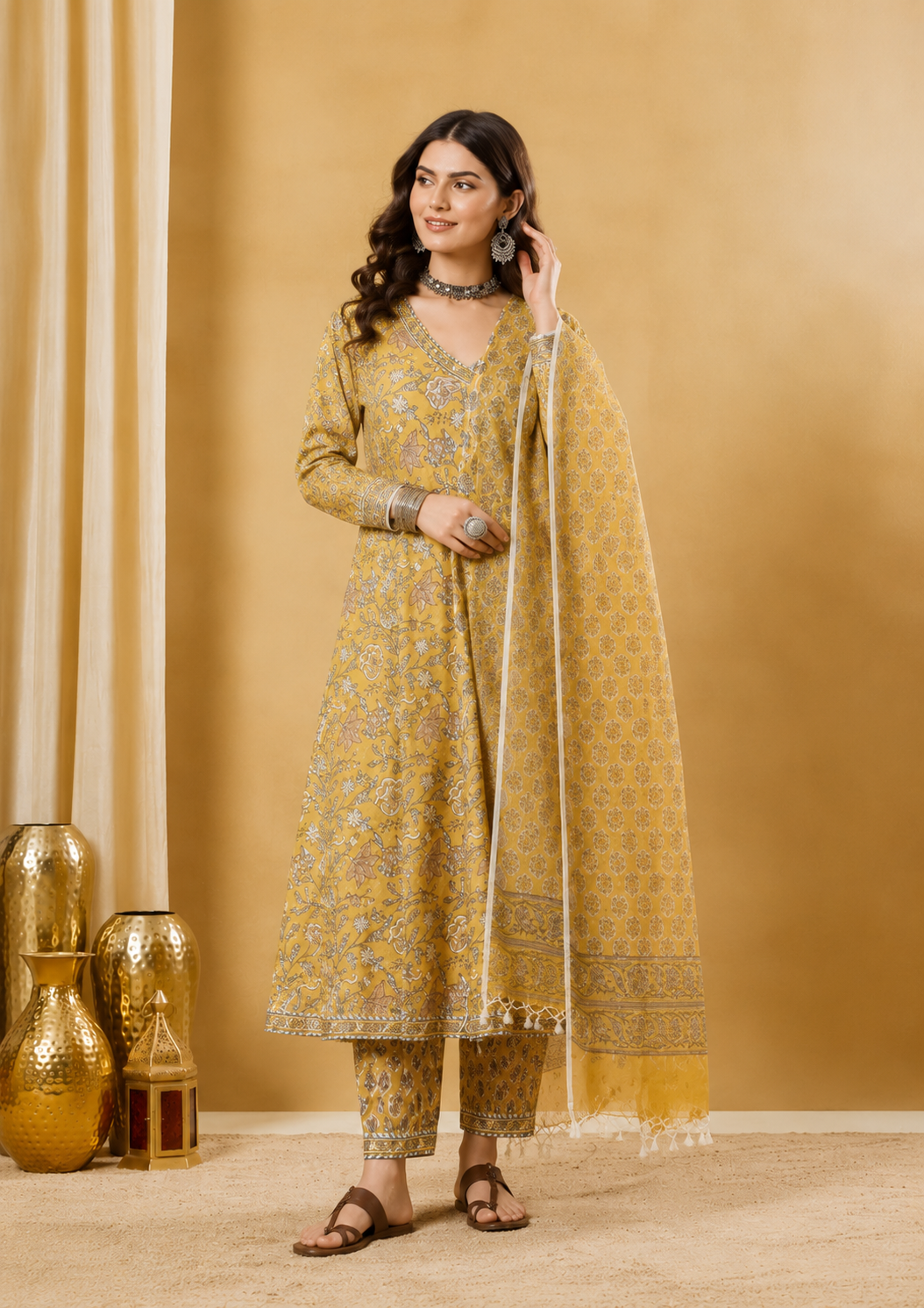 Mustard Blossom Hand Block Print Pure Cotton Kurta Set