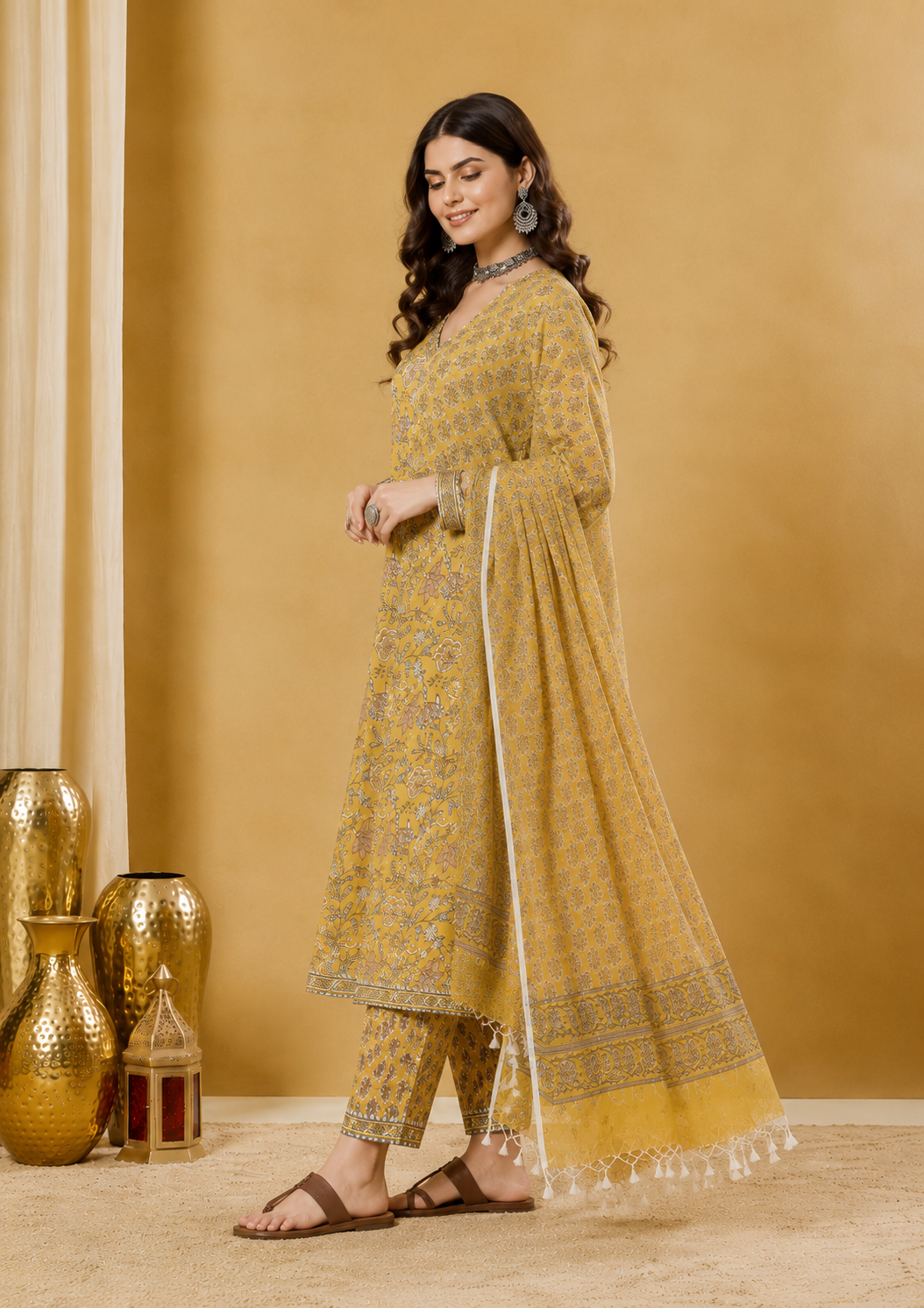 Mustard Blossom Hand Block Print Pure Cotton Kurta Set