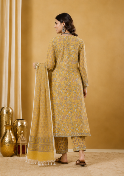Mustard Blossom Hand Block Print Pure Cotton Kurta Set