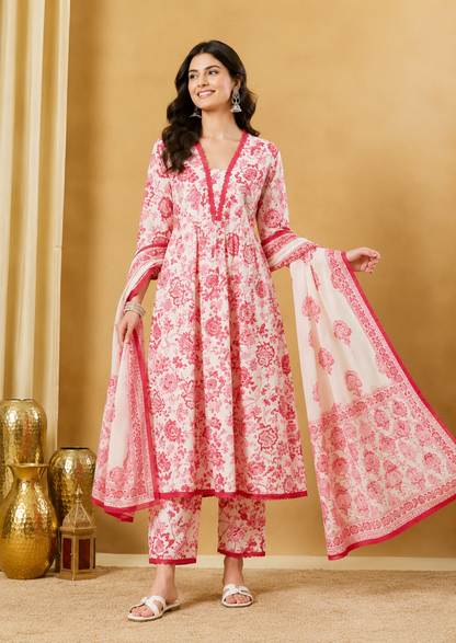 Rose Bloom Pure Cotton Floral Printed Kurta Set with Dupatta for Women